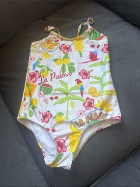 Girls' White Tropical Print One-Piece Swimsuit with Bright Fruit & Floral Motifs